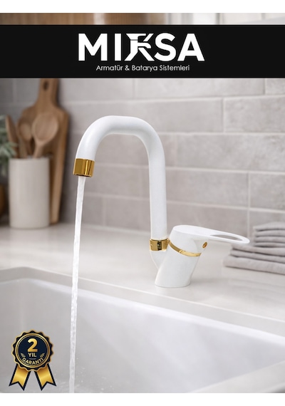 Lüx Beyaz-gold Köşe Borulu Banyo Lavabo Bataryası, Musluğu, Çift Su Girişli
