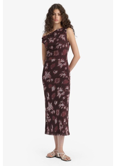 Defacto Bodycon Vücudu Saran Açık Omuz Çiçek Desenli Tül Maxi Elbise F0421ax25aubr232 Bordo