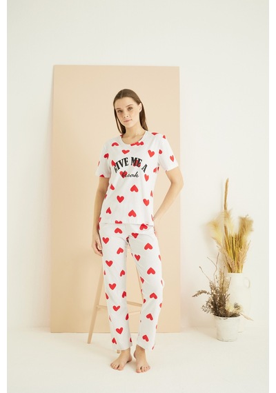 Siyah İnci Pamuklu Bisiklet Yaka Örme Pijama Takım25107148 Ekru