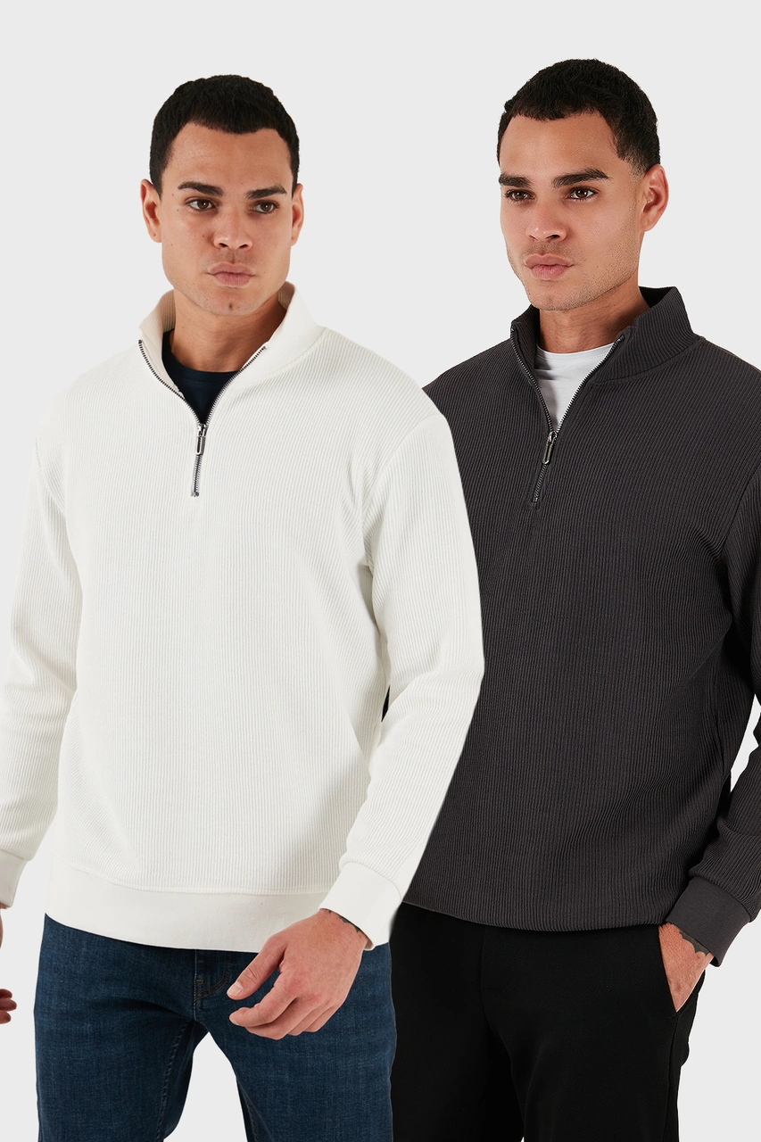Buratti Pamuklu Regular Fit Yarım Fermuarlı Dik Yaka 2'Li Paket Erkek Sweat 5905716S2 Antrasit-Ekru