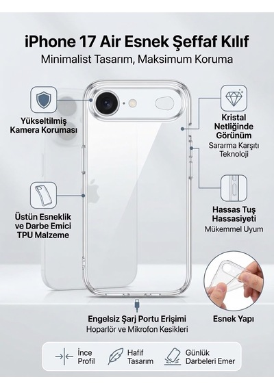 Apple Uyumlu iPhone 17 Aır Şeffaf Kılıf Silikon Ve Esnek Seffaf