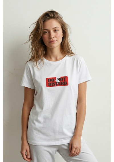 Elemge %100 Pamuk Pijama Üstü T-shirt Süprem Compact Penye Kadın Rahat Kalıp Beyaz Kısa Kol Do Not Disturb
