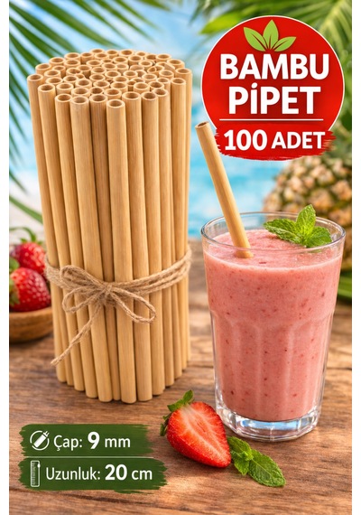 100 Adet Bambu Pipet 9mm X 20cm Kalın Smoothie Pipeti Doğal Çevre Dostu