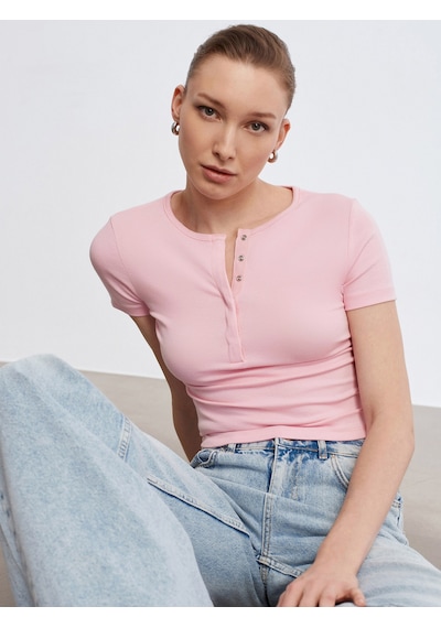 Dilvin 31704 Çıtçıt Düğmeli Kısa Kollu Top-toz Pembe Toz Pembe
