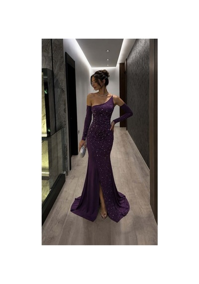 Lior Design Kadın Yeni Sezon Tek Omuz Taş Detaylı Abiye Elbise Mor