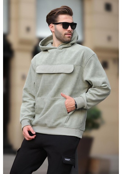 Madmext Çağla Yeşili Kapüşonlu Kapaklı Cep Detaylı Polar Erkek Sweatshirt 7097 Yeşil