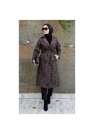 Harman Butik Kadın Astarlı Leopar Desenli Kaşe Kaban Kahverengi Kahverengi