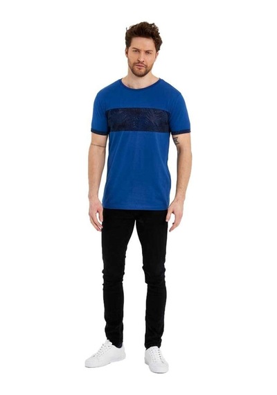 Bisiklet Yaka Kısa Kollu Desenli Penye Erkek Tshirt İndigo