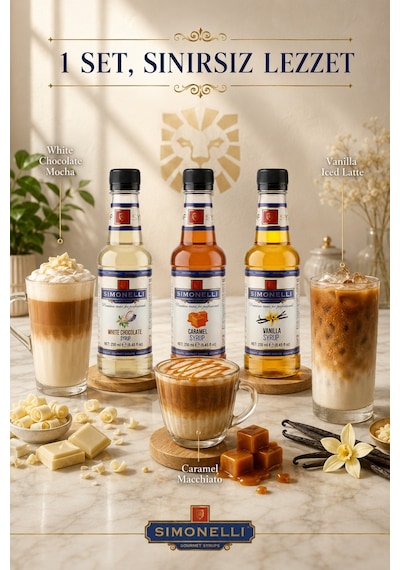 Simonelli Kahve ve Kokteyl Şurubu Seti Karamel Beyaz Çikolata ve Vanilya Aromalı İçecek Şurubu  3 x 250 ML