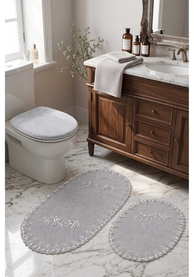 Gri 3lü Fransız Dantelli Lüks Banyo Paspası Kaymaz Çeyizlik Oval Banyo Paspas Seti Lauris