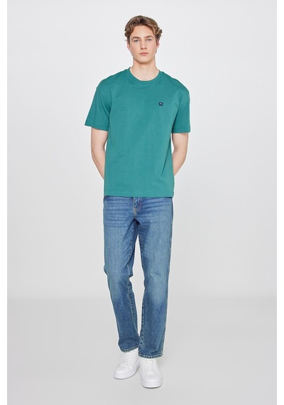 %100 Pamuk Relaxed Fit Rahat Kesim Bisiklet Yaka Logo Detaylı Tişört Bayberry Green