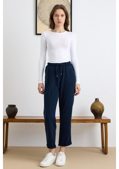 Olcay Bağcık Detaylı Beli Lastikli Soft Denim Pantolon Lacivert 7586