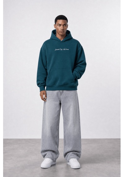 Respire Erkek Essentials Nakışlı Oversize Hoodie Zümrüt Zümrüt Yeşili