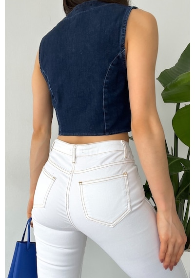 Femelle Kadın Denim Düğmeli Crop Kot Kolsuz Bluz Mavi