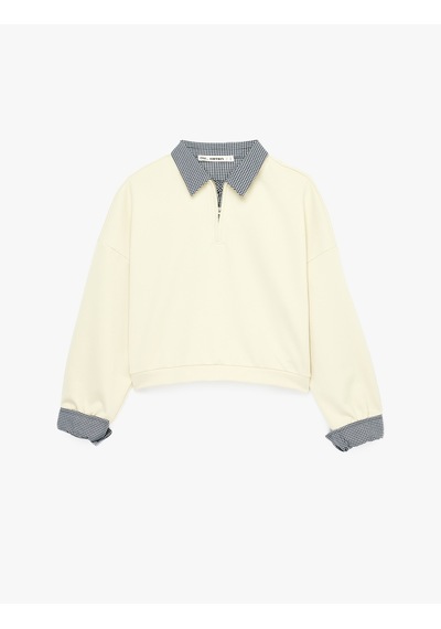 Koton Rahat Kalıp Uzun Kollu Kareli Yaka Detaylı Yarım Fermuarlı Sweatshirt Taş 6sal10557ık