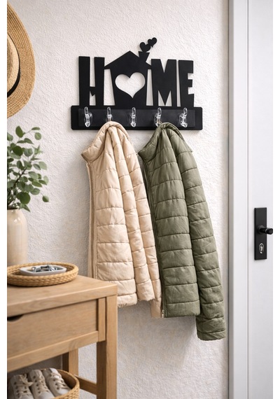 Home Yazılı Dekoratif Duvar Askılığı 6 Kancalı Anahtarlık Ve Askı 39,5 X 28,5 Cm Siyah Siyah