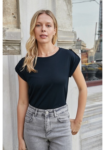 Jument Kadın Kaliteli Likrasız Span Kumaş Geniş Sıfır Yaka Duble Kollu Apoletli Düğmeli T-shirt Bluz-koyu Lacivert K.lacivert