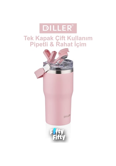 Dıller 620 Ml Tek Kapak Çift Kullanım Pipetli/pipetsiz Taşıma Kulplu Mug/çelik Termos-ffdıllerd9168 Pudra