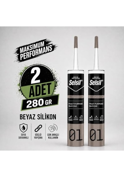 Selsil Genel Amaçlı Beyaz Silikon 280 Gr Cam Pvc Seramik Metal Banyo Mutfak Sızdırmazlık Dolgu Malzemesi 2 Adet