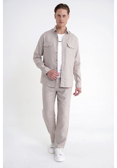Comfort Fit Yan Cepli %100 Keten Taş Gömlek Ceket G 1602 Comfort Fit Yan Cepli %100 Keten Taş Gömlek Ceket G 1602