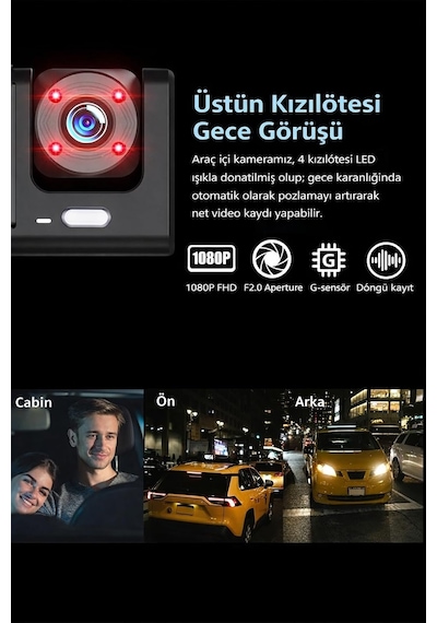 1080p Fhd Araç Kamerası, 170 Ön Ve 120 İç Kamera, Gece Görüşlü Dash Cam, 4 Kızılötesi Led, F2.0 Diyafram, G-sensör, 32gb Hafıza Kartı Desteği