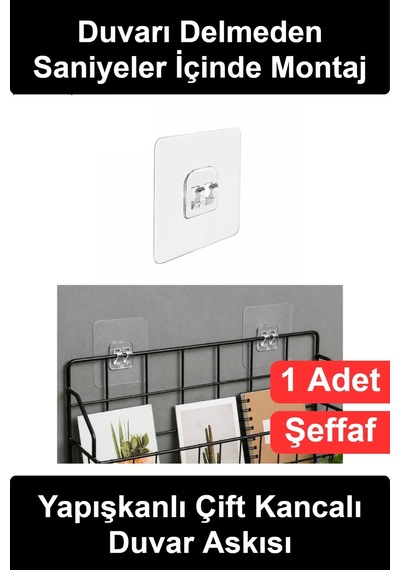 Duvaraskısı Şeffaf Yapışkanlı Duvar Askısı Çift Kancalı Delmeden Çivisiz Montaj Banyo Mutfak Ofis D Diğer