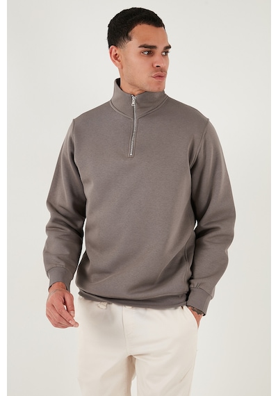 Buratti Pamuklu Regular Fit Yarım Fermuarlı Dik Yaka Erkek Sweat 59052592 Toprak