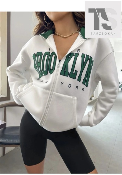 Adrift Beyaz Yeşil Kapüşonlu Fermuarli Brooklyn Oversize Beyaz