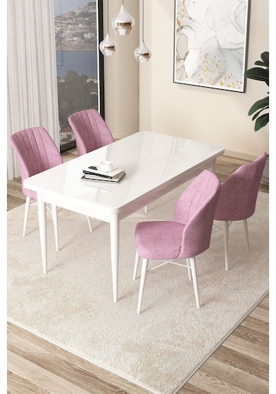 Canisa Arp Serisi, Beyaz Masa 71x110 Sabit Yemek Odası Takımı, 4 Pembe Sandalye Beyaz Masa Sandalye Pembe Canisa Arp Serisi, Beyaz Masa 71x110 Sabit Yemek Odası Takımı, 4 Pembe Sandalye Beyaz Masa Sandalye Pembe