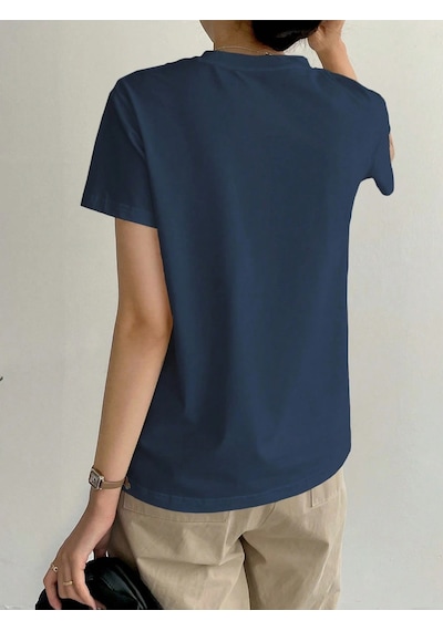 Kadın Kısa Kollu Çizgi Detaylı Basic Tişört Süprem Kumaş Yazlık Rahat T-shirt Lacivert