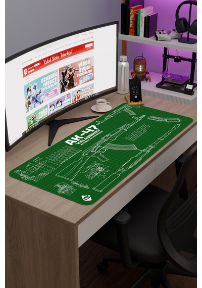 Ak 47 Siyah Kalaşnikov Cs Dikişli Kauçuk Oyuncu Mousepad - 90x40 Gaming Mouse Pad Ak-47 Yeşil