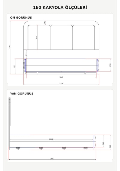 Demonte Baza Seti, Nox Ledli Çift Kişilik Baza Başlık Maxi Yatak Seti, Antrasit - 160x200 Cm 160 x 200