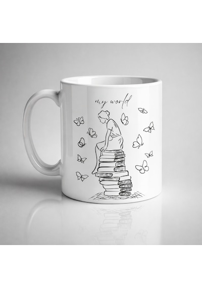 My World Kitap Temalı Tasarım Kupa Model 225 Minimal Baskılı Seramik Kahve Kupası Çok Renkli