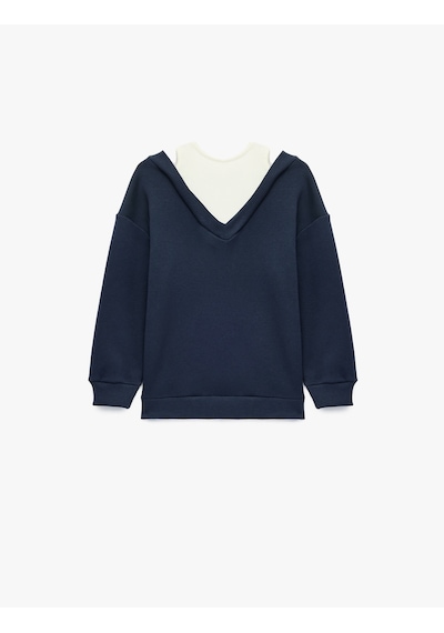 Koton V Yaka Uzun Kollu Pamuklu Şardonlu Sweatshirt Lacivert 7wkg10051ak