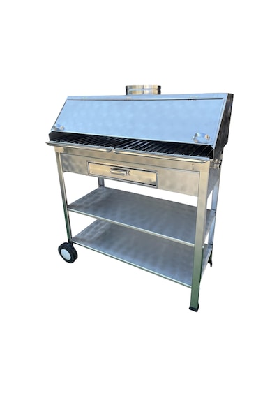 Paslanmaz Kömürlü Mangal Çekmeceli 40 X 90 Cm Bacalı Tekerlekli Barbekü Gri