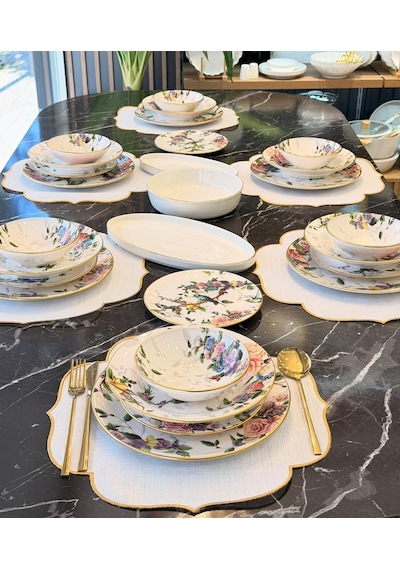 24 Parça 6 Kişilik Modern Flore Bird Yemek Takımı-5694 Çok Renkli