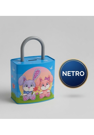Kilit Şeklinde Dev Boy Kumbara 26x17 Cm Hediyelik Metal Kumbara Kapaklı Kolay Açılabilir Model 2 Li Tavşan Mavi