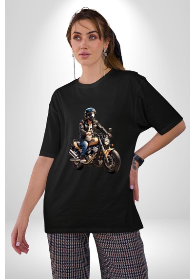 Kask Motorsiklet Dünya Turu Pamuklu Bisiklet Yaka Unisex Oversize Boyfriend Dijital Baskılı Siyah T-shirt Siyah