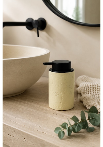 Terra Stoneware Traverten Dokulu Siyah Pompalı Dekoratif Sıvı Sabunluk 500 Ml , 13 X 7.5 Cm Bej