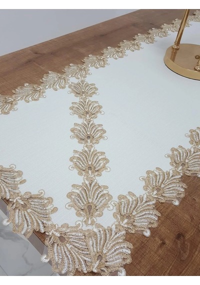 Jadelin Gold Güpürlü Keten Kumaş Runner Krem 48x145 Cm 1141 Krem
