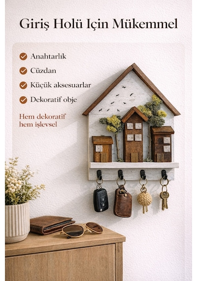Ahşap Ev Temalı Duvar Askılığı 25x36 Cm 4 Kancalı Anahtarlık , El Yapımı Dekoratif Askı Beyaz