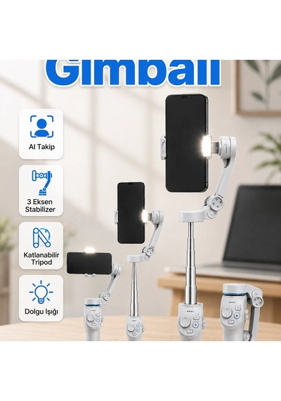 Aı Takipli 3 Eksen Telefon Gimbali Katlanabilir Tripod Ve Dahili Dolgu Işıklı Stabilizer