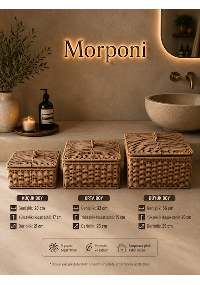 Lüks Rattan 3'lü Kapaklı Düzenleyici Sepet - Banyo Ve Ev Organizer Seti Mrl-105a Sarı