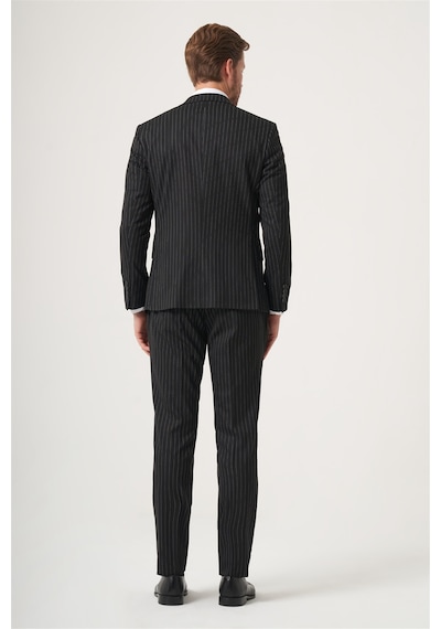 İmza Siyah Mono Yaka Çizgili 6 Drop Slim Fit Tam Astar Esnek Takım Elbise 1001260149