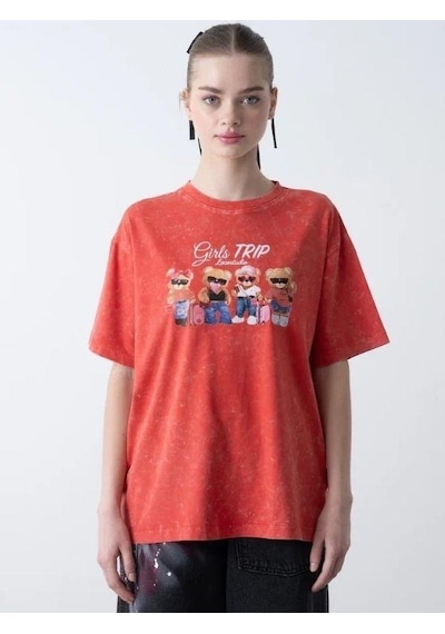 Zekids Kız Çocuk Ayıcık Baskılı Oversize T-shirt-15808 Kırmızı