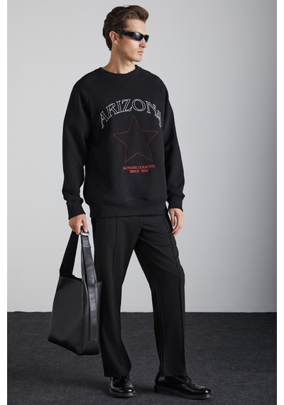 Grımelange Domagoj Erkek Organik Pamuklu Western Baskılı Bisiklet Yaka Oversize Siyah Sweatshirt