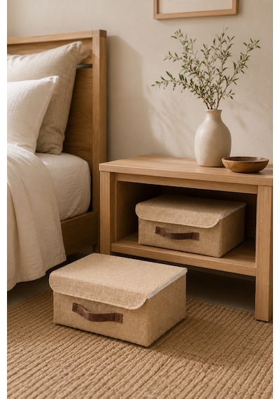 2'li Kapaklı Jüt Düzenleyici M Boy 30x23x13 Cm Dolap İçi Raf Tekstil Banyo Organizer Saklama Kutusu Kahverengi