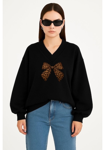 Benroma Kurdela Baskılı Ünisex V Yaka Sweatshirt Siyah