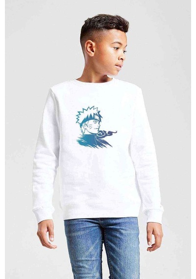 Tshirthane Silhouette Naruto Baskılı Unisex Çocuk Beyaz Sweatshirt Beyaz