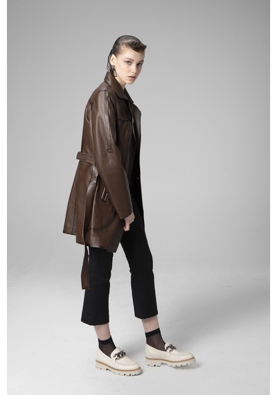 Camel Dericlub K060 Gerçek Deri Kadın Trençkot Camel